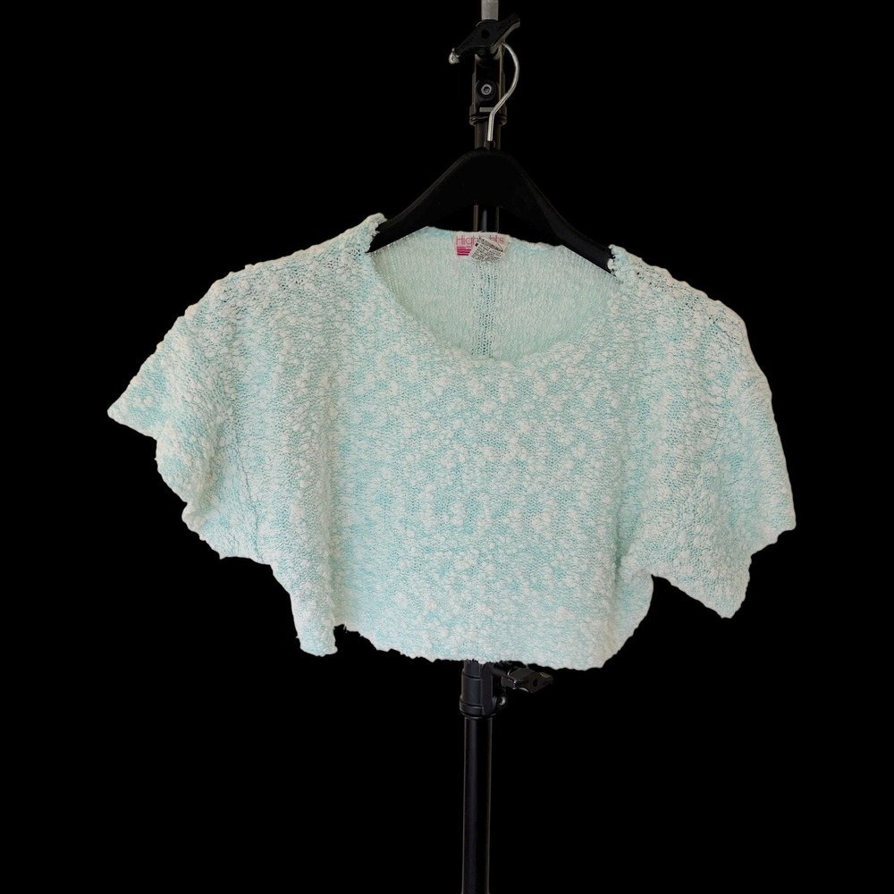 80's Highlights Popcorn Knit Crop‎ Top Mint Green White Short Sleeve Sweater